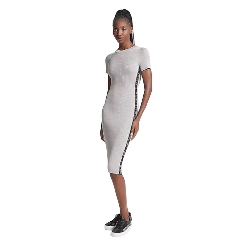 Michael KORS Silver Metallic Logo Tape Midi Dress, Size Small